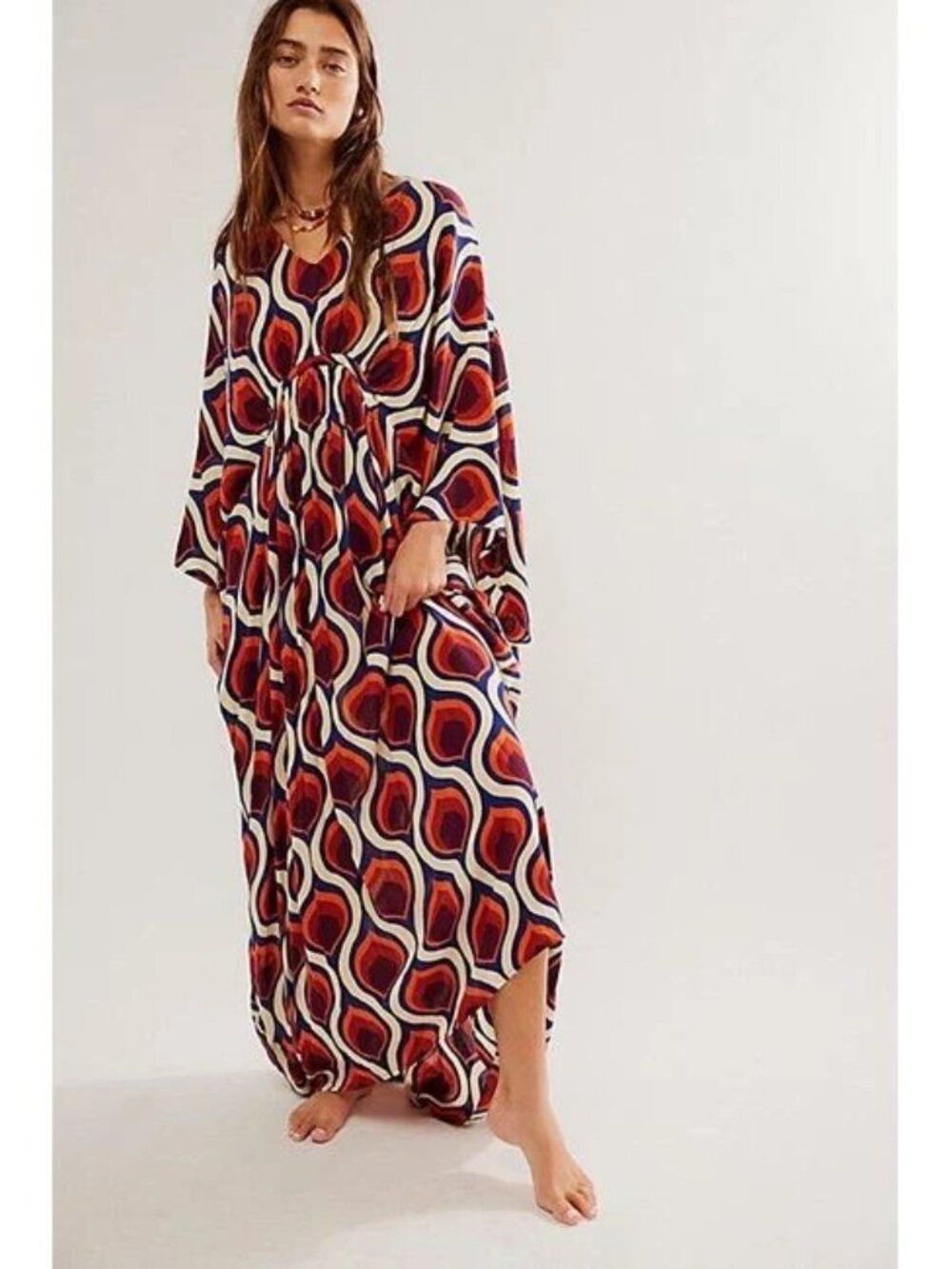 Free People Groovy Baby Maxi Kaftan Red White One Size Beachy Oversized